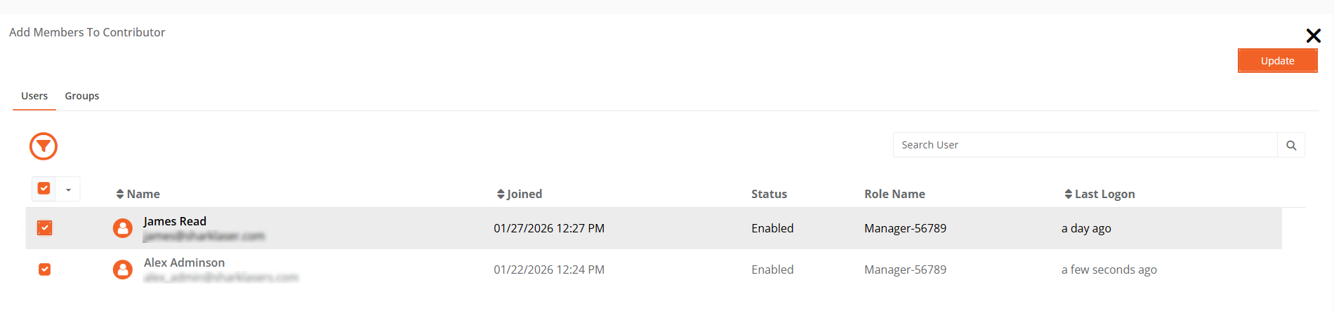 Add Members page showing user selection and Update button